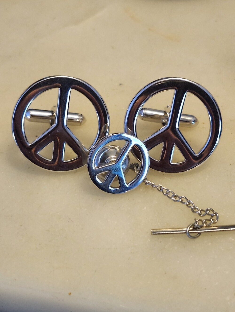 Silver Peace Sign Cufflinks and Tie Tack Set
